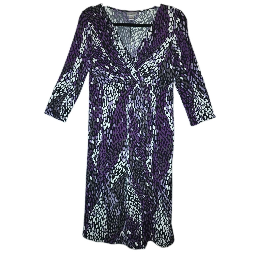 MOTHERHOOD MATERNITY V-Neck Dress SMALL 3/4 Sleeve Purple Dot Print Stretch